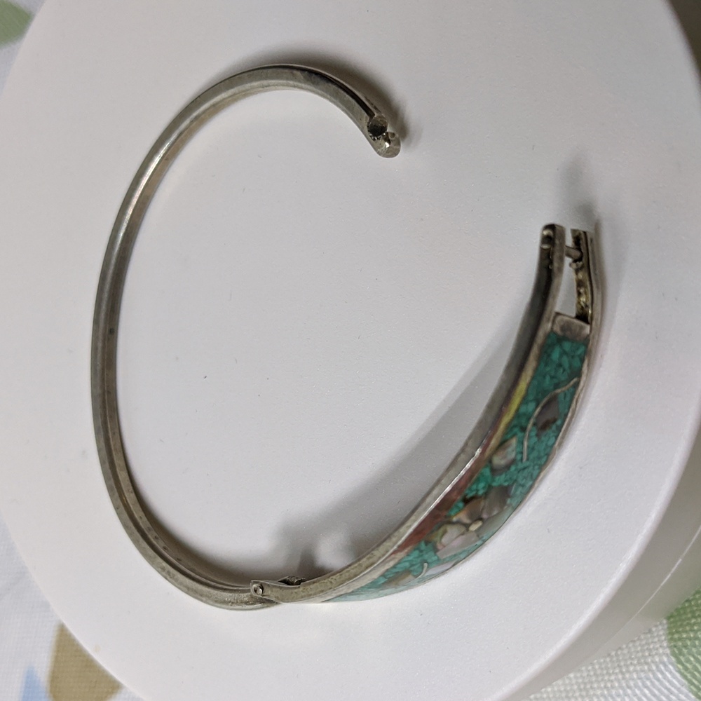 Taxco Mexico Silver, Turquoise Chip, And Abalone Hinged Floral Bracelet, 6.75" - Picture 2 of 4